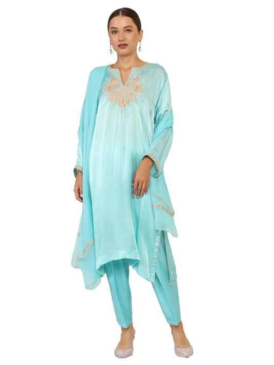 Aqua Blue, Satin silk suit, with Gold Tila embroidery and matching duppatta.