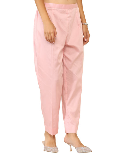 Bright pink long kaftan with gota pati work and contrasting light pink pants