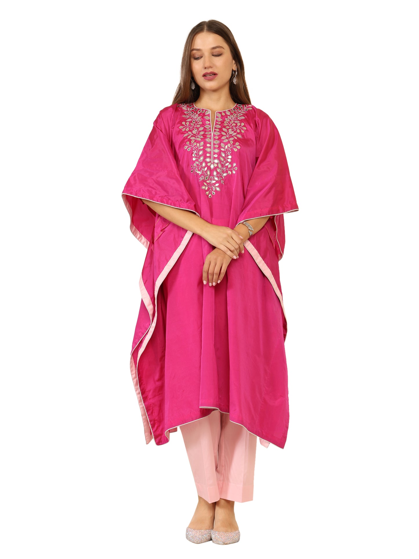 Bright pink long kaftan with gota pati work and contrasting light pink pants