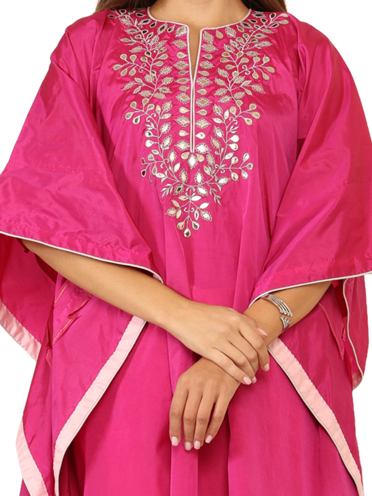 Bright pink long kaftan with gota pati work and contrasting light pink pants