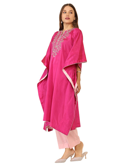 Bright pink long kaftan with gota pati work and contrasting light pink pants