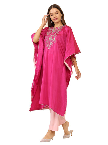 Bright pink long kaftan with gota pati work and contrasting light pink pants