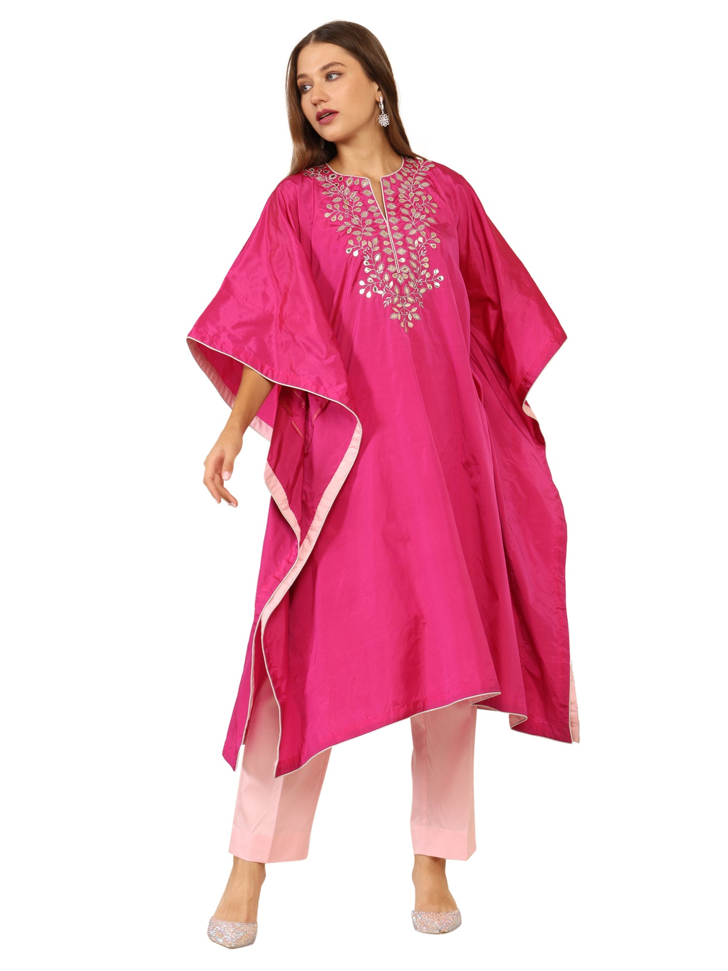 Bright pink long kaftan with gota pati work and contrasting light pink pants