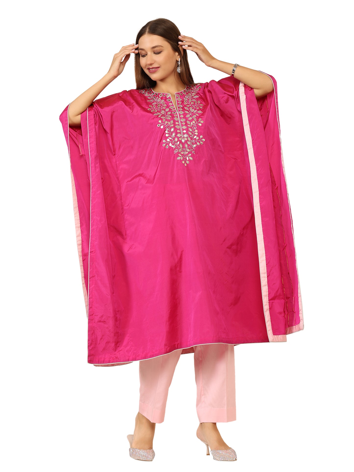 Bright pink long kaftan with gota pati work and contrasting light pink pants