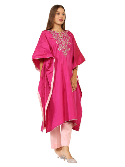 Bright pink long kaftan with gota pati work and contrasting light pink pants