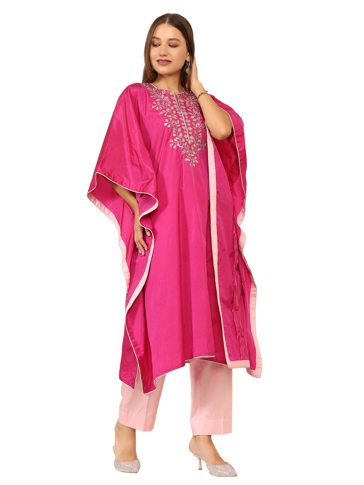 Bright pink long kaftan with gota pati work and contrasting light pink pants