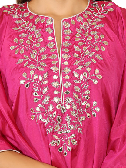 Bright pink long kaftan with gota pati work and contrasting light pink pants