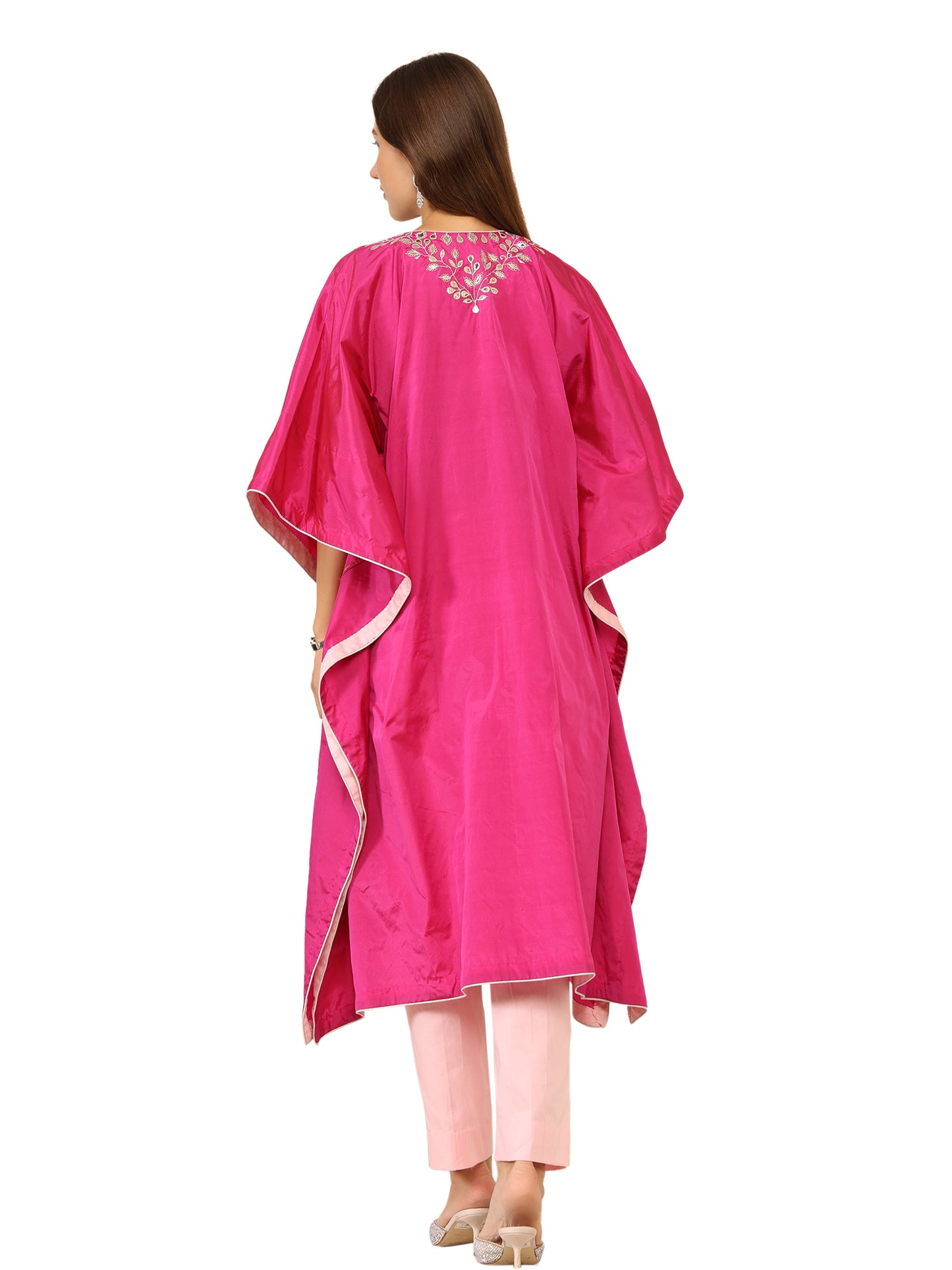 Bright pink long kaftan with gota pati work and contrasting light pink pants