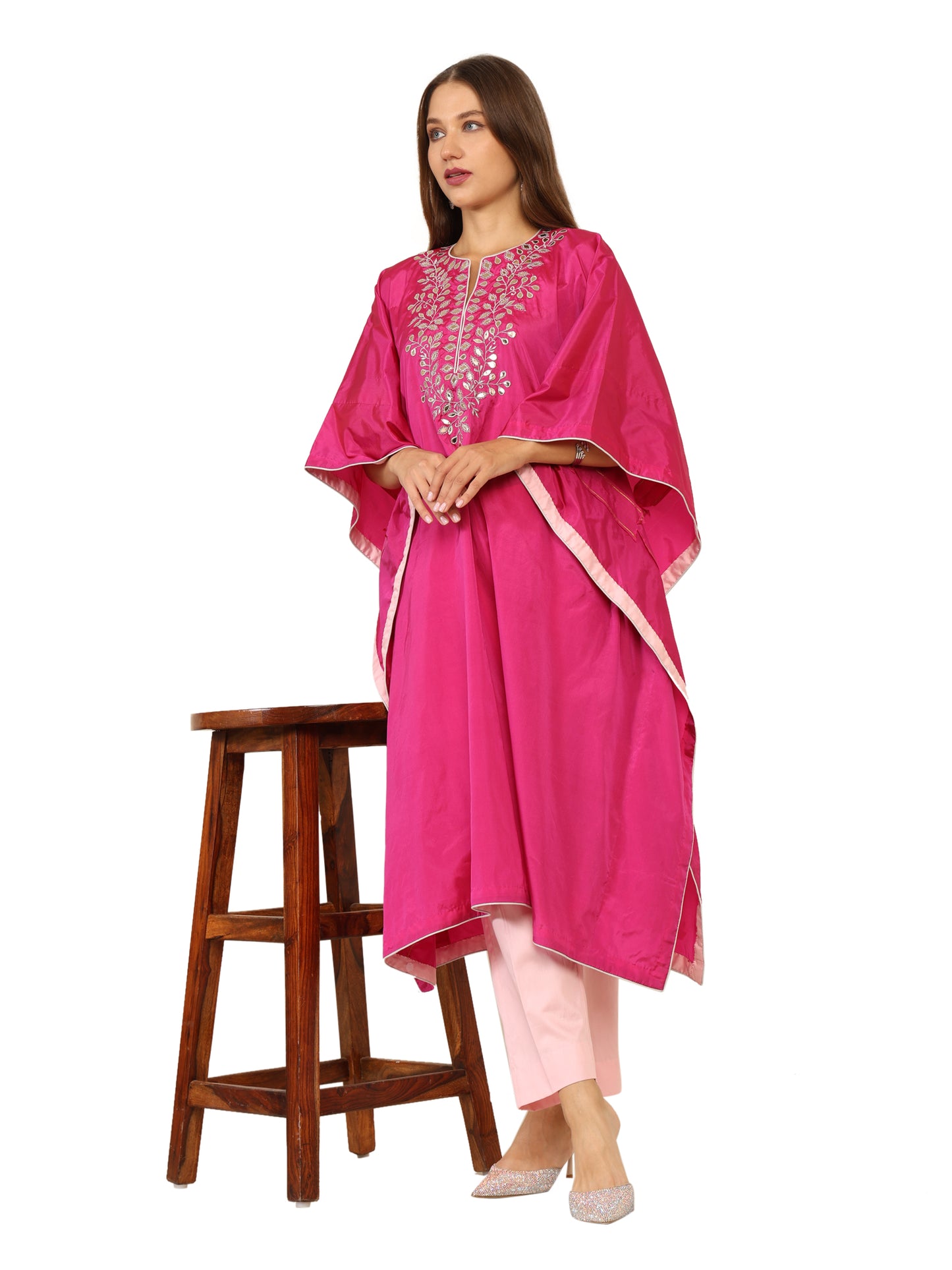 Bright pink long kaftan with gota pati work and contrasting light pink pants