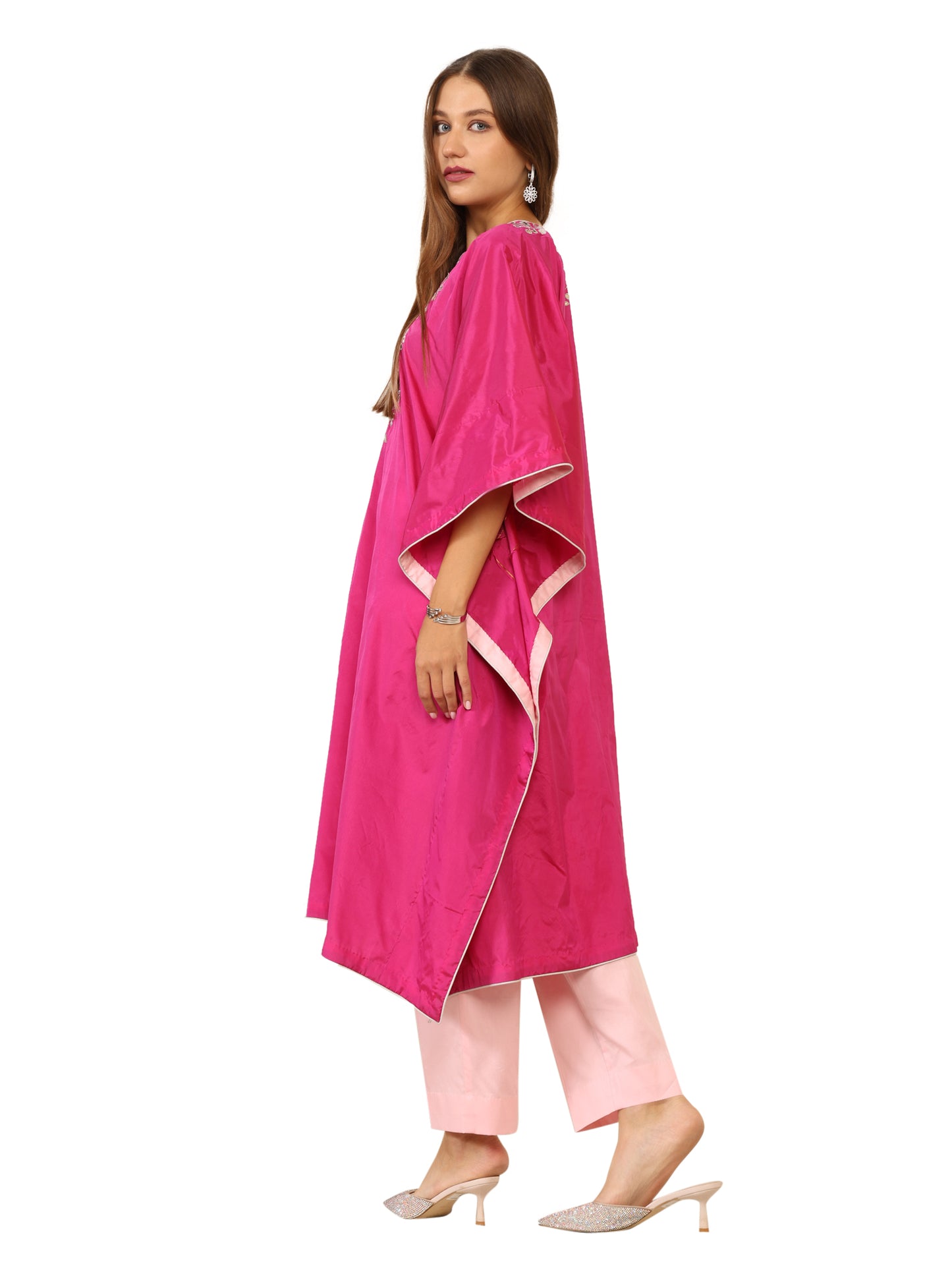 Bright pink long kaftan with gota pati work and contrasting light pink pants