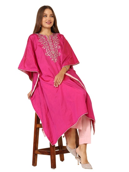 Bright pink long kaftan with gota pati work and contrasting light pink pants