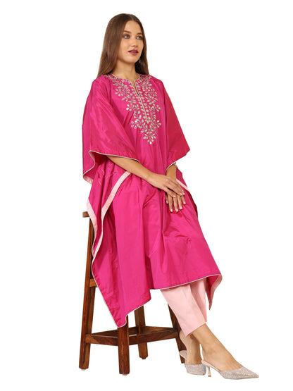 Bright pink long kaftan with gota pati work and contrasting light pink pants