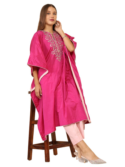 Bright pink long kaftan with gota pati work and contrasting light pink pants