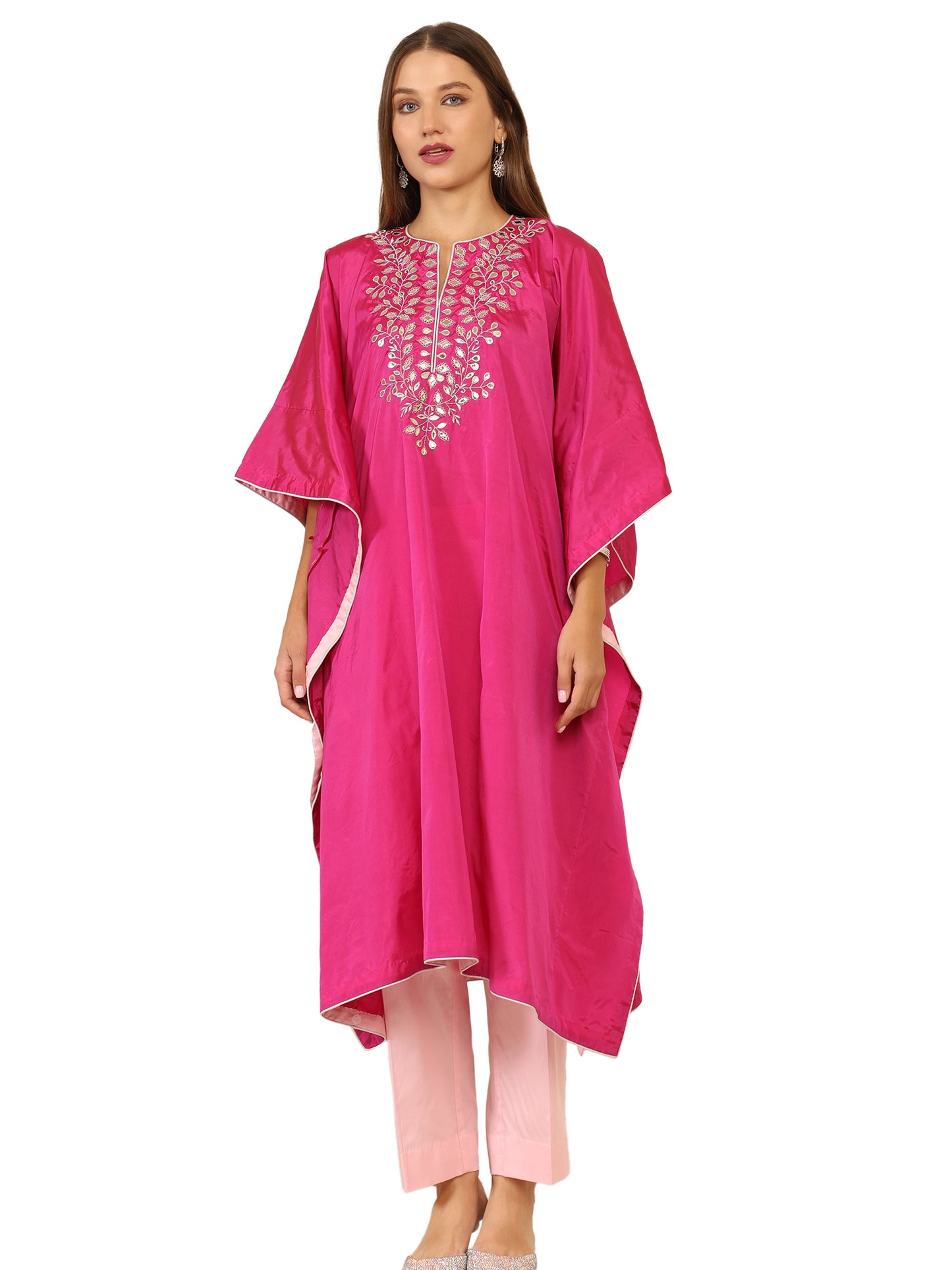 Bright pink long kaftan with gota pati work and contrasting light pink pants