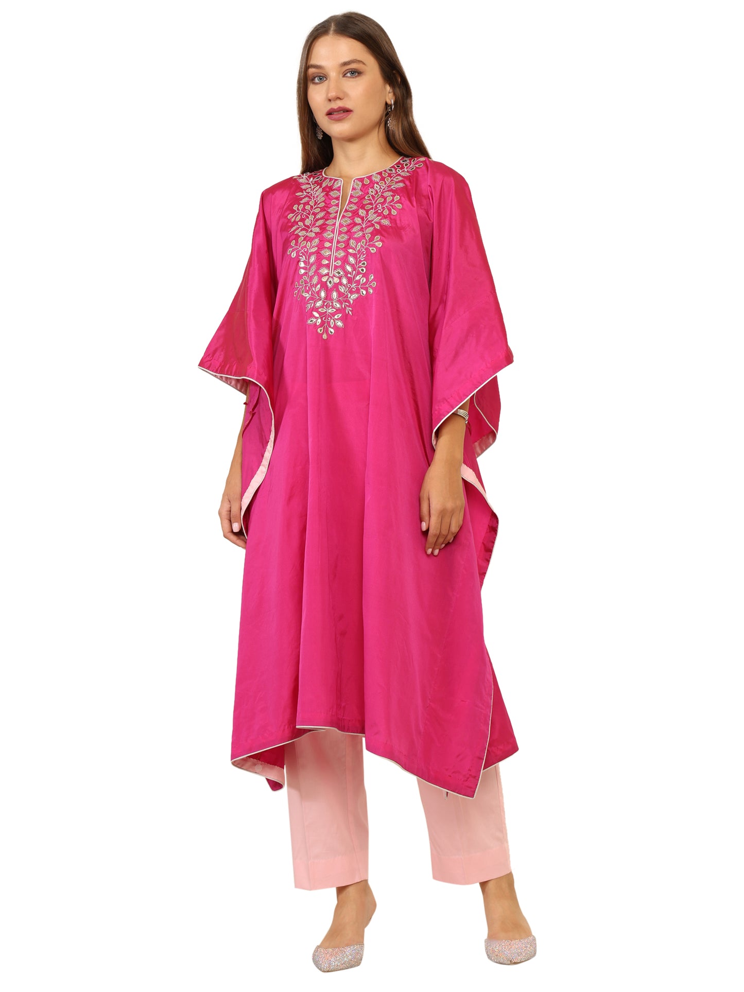 Bright pink long kaftan with gota pati work and contrasting light pink pants