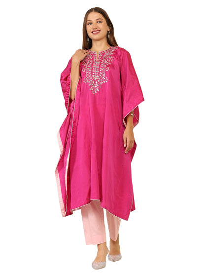 Bright pink long kaftan with gota pati work and contrasting light pink pants