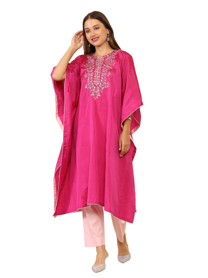 Bright pink long kaftan with gota pati work and contrasting light pink pants