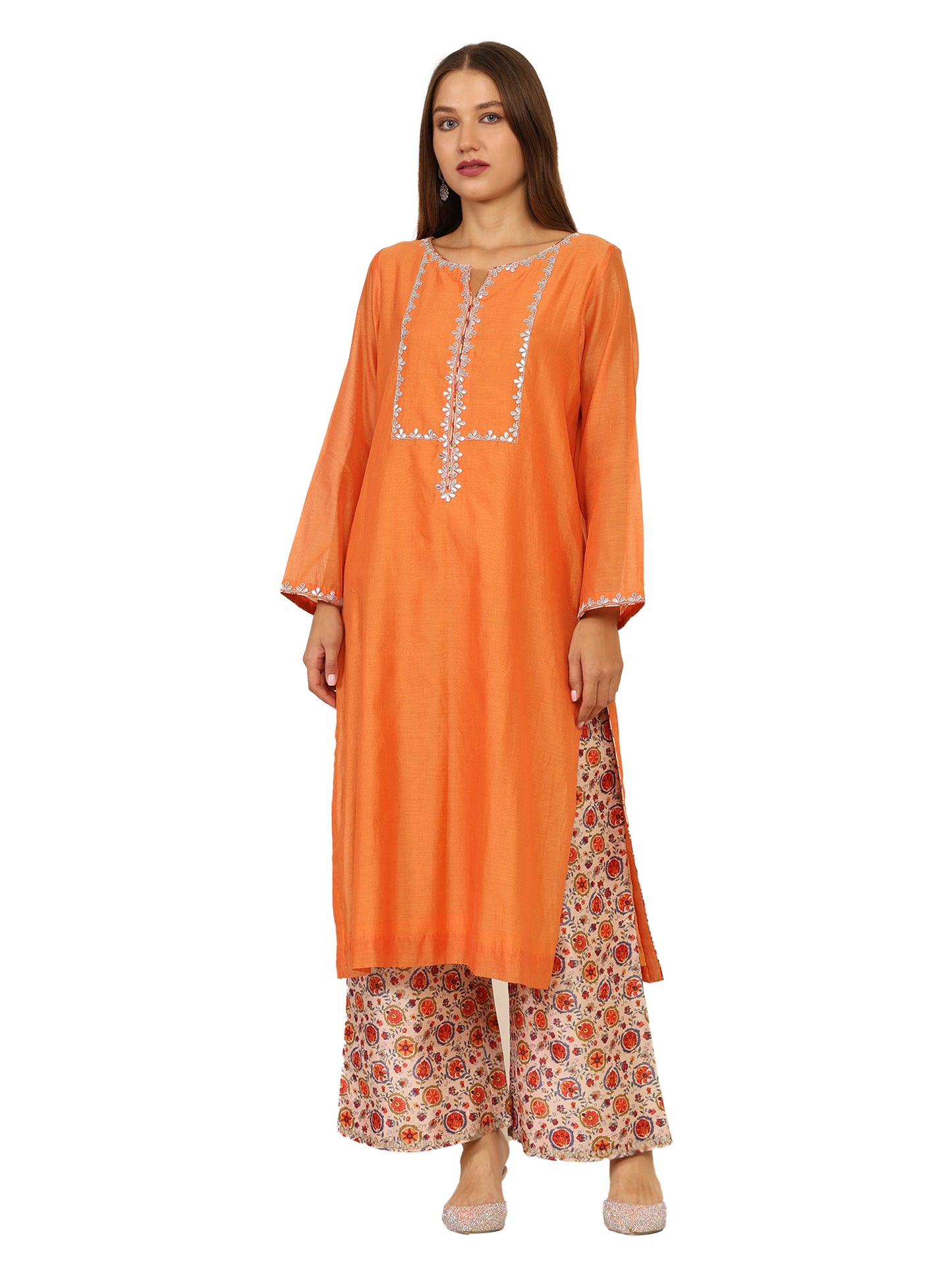 Chanderi cotton kurta with gota pati work and printed chanderi pyjama with light gota pati work and matching net duppatta.