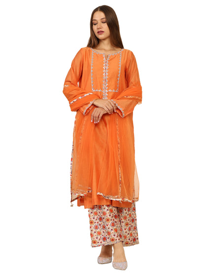 Chanderi cotton kurta with gota pati work and printed chanderi pyjama with light gota pati work and matching net duppatta.