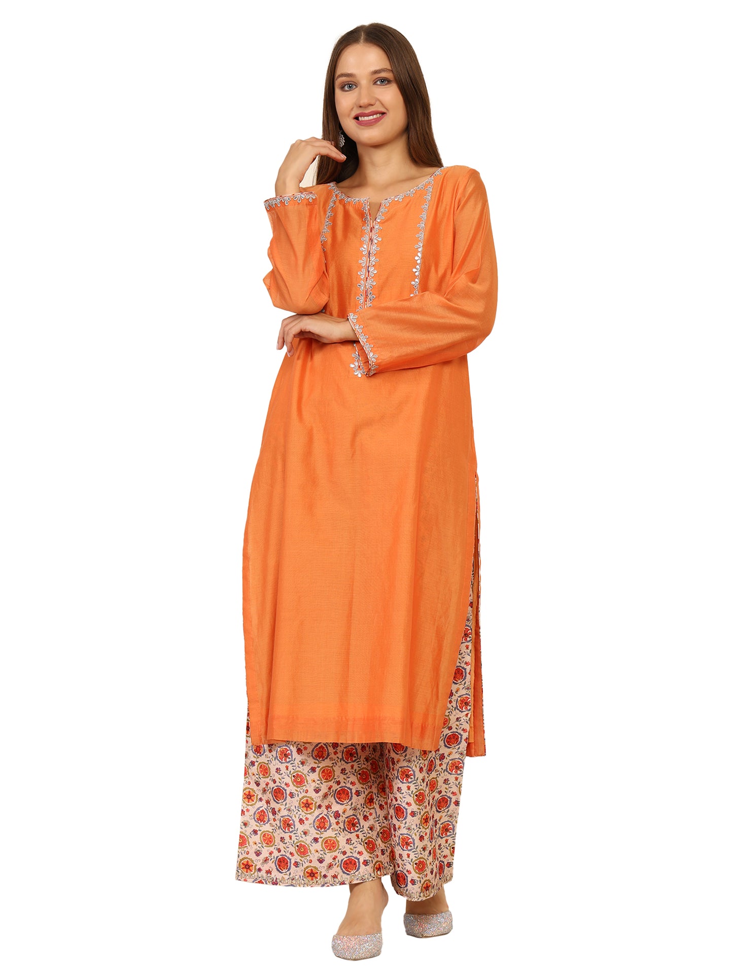 Chanderi cotton kurta with gota pati work and printed chanderi pyjama with light gota pati work and matching net duppatta.