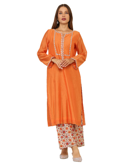 Chanderi cotton kurta with gota pati work and printed chanderi pyjama with light gota pati work and matching net duppatta.