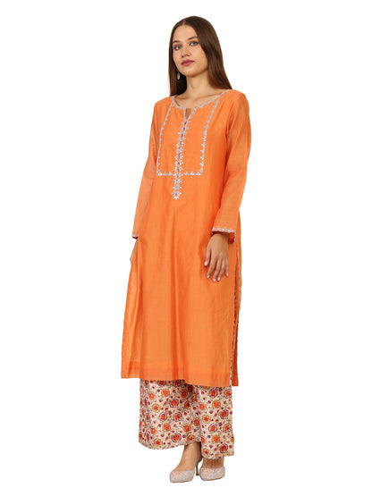 Chanderi cotton kurta with gota pati work and printed chanderi pyjama with light gota pati work and matching net duppatta.