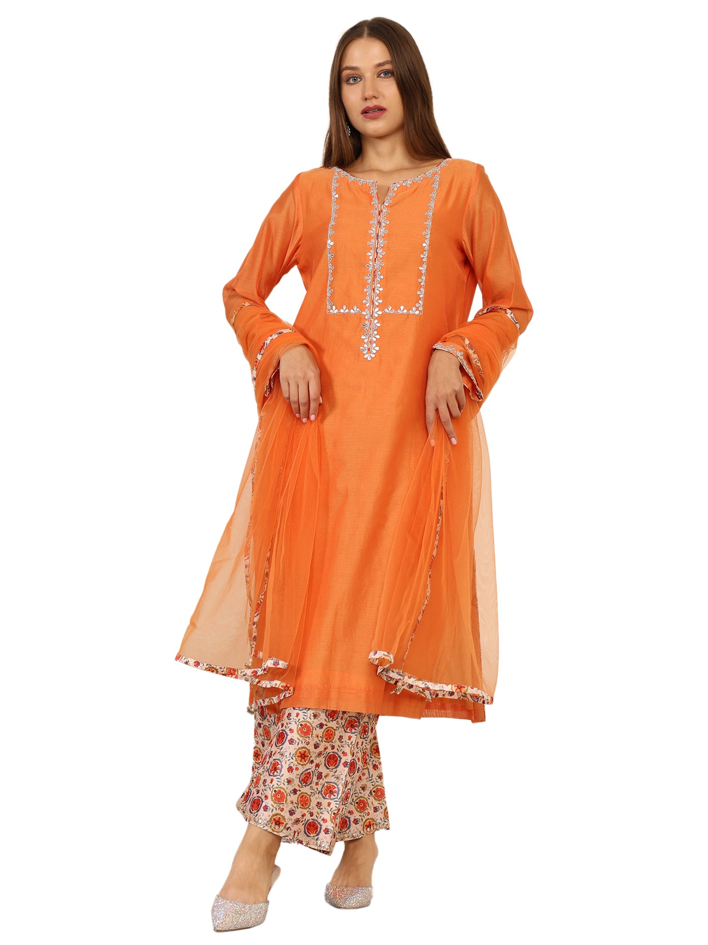 Chanderi cotton kurta with gota pati work and printed chanderi pyjama with light gota pati work and matching net duppatta.