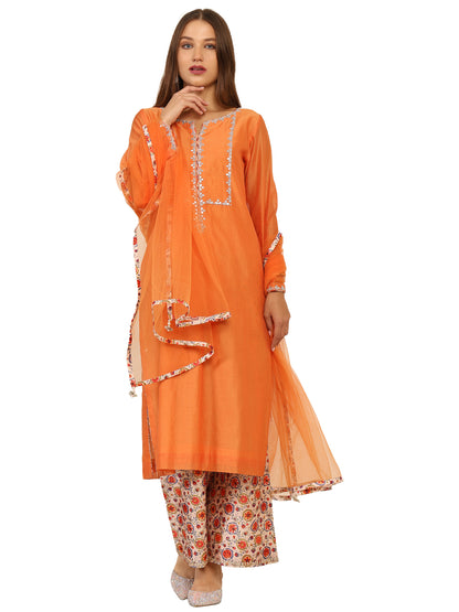 Chanderi cotton kurta with gota pati work and printed chanderi pyjama with light gota pati work and matching net duppatta.